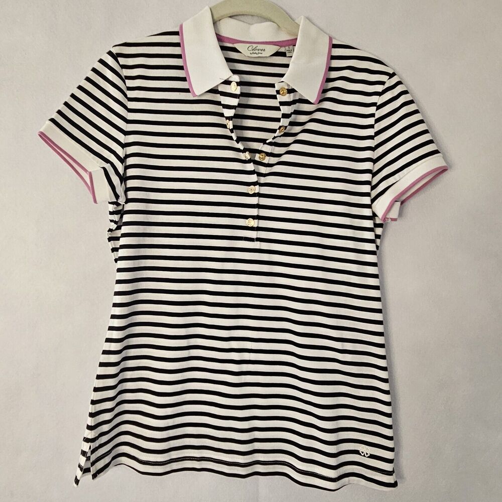 CLOVER By Bobby Jones Sz S Black & White Stripe Polo Womens Gold Button